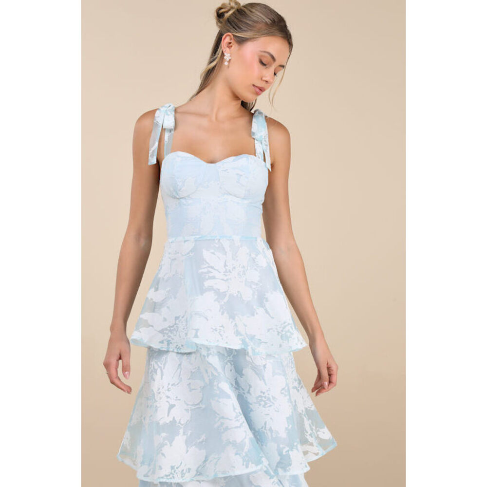 Lulus Drayson Light Blue Floral Burnout Tie-strap Tiered Midi Dress - Size M